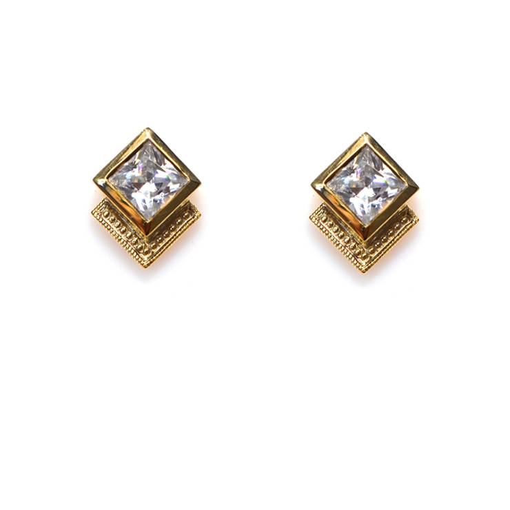 Bearded Sqaure Studs - Colourless Stone