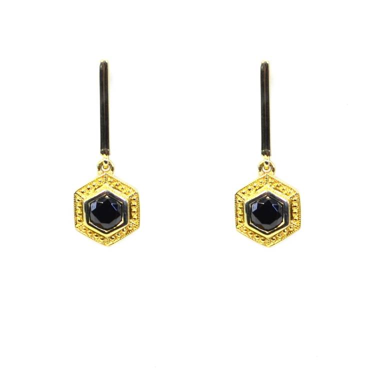 Beaded Dangling Hexagonal Bar Earrings - Black Stone