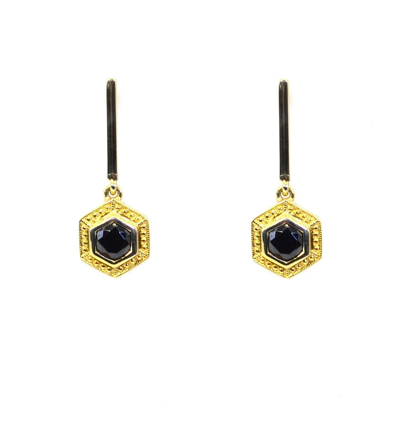 Beaded Dangling Hexagonal Bar Earrings - Black Stone