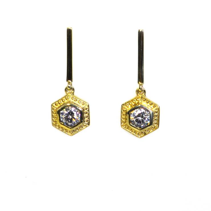 Beaded Dangling Hexagonal Bar Earrings - Colourless Stone