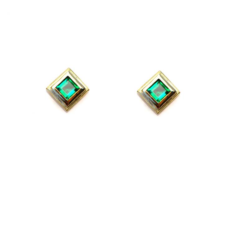 Double Bezel Square Studs - Green Stone