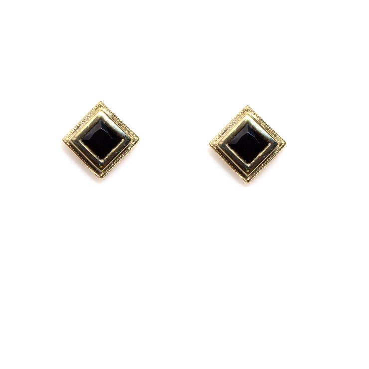 Double Bezel Square Studs - Black Stone