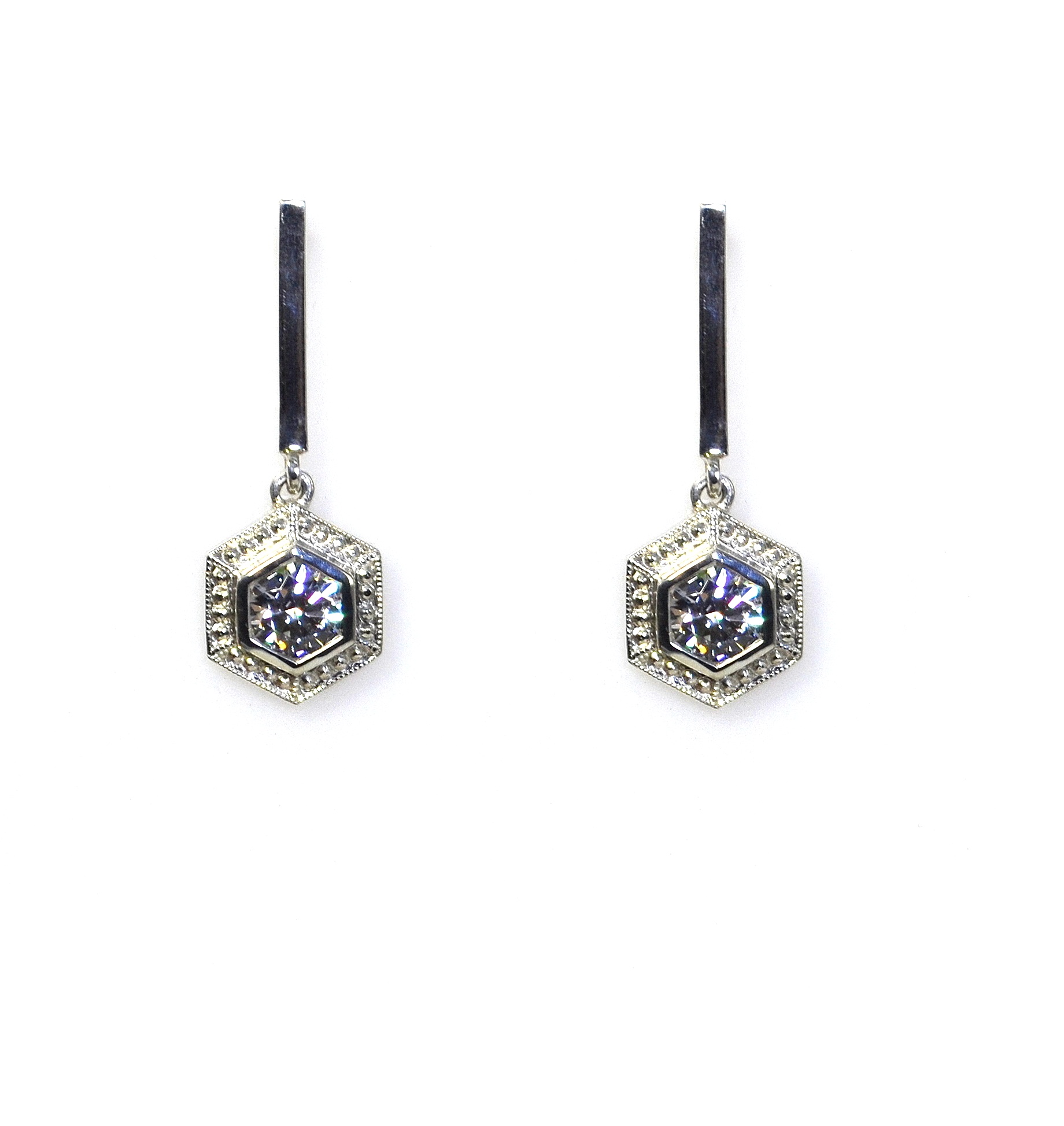 Beaded Dangling Hexagonal Bar Earrings - Colourless Stone - Image 2