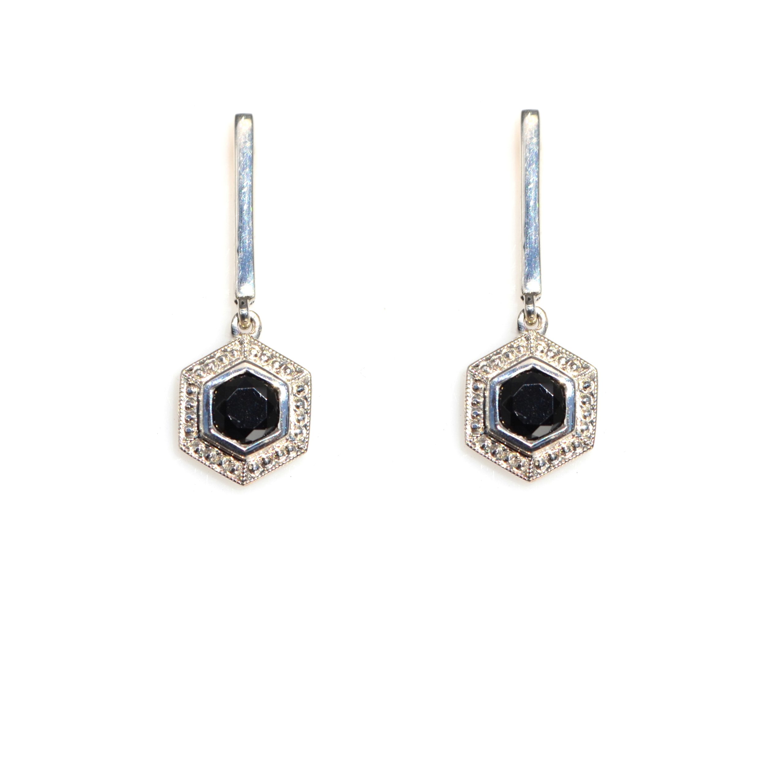 Beaded Dangling Hexagonal Bar Earrings - Black Stone - Image 2