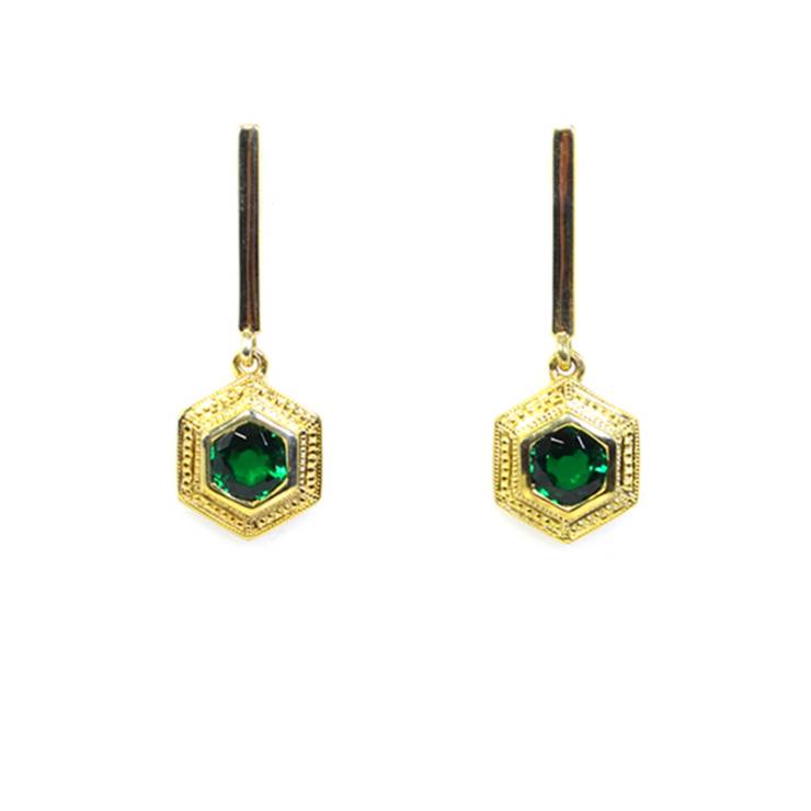 Beaded Dangling Hexagonal Bar Earrings - Green Stone