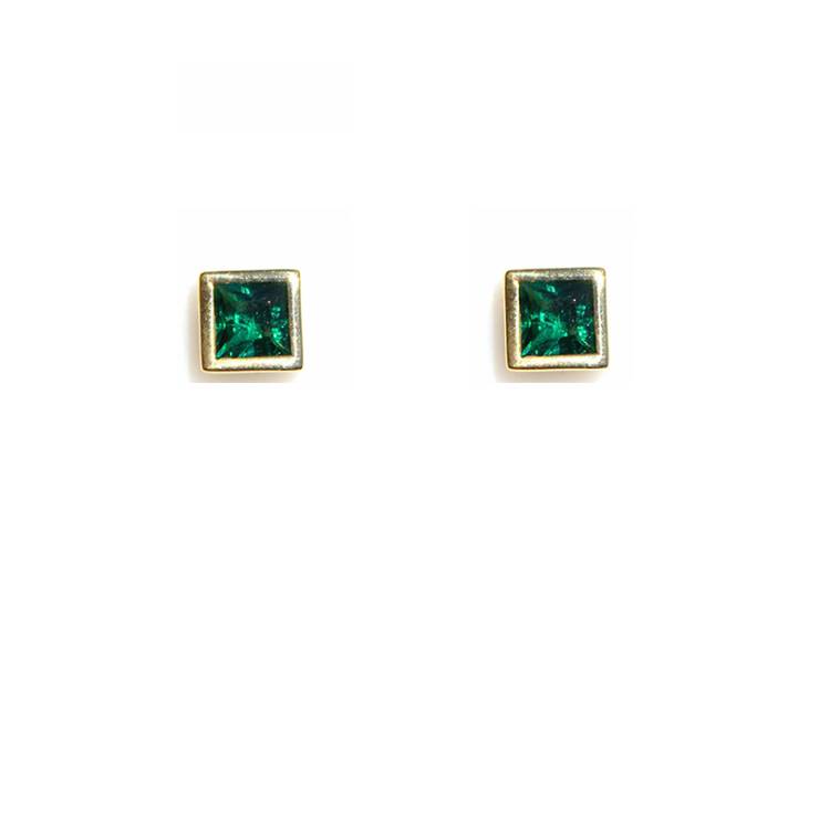 Square Bezel Studs - Green Stone