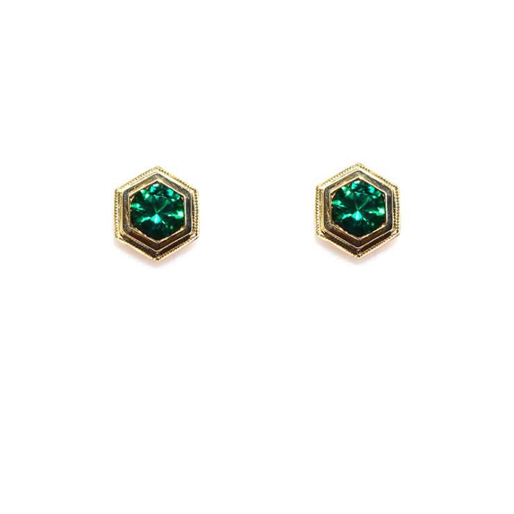 Double Bezel Hexagonal Studs - Green Stone